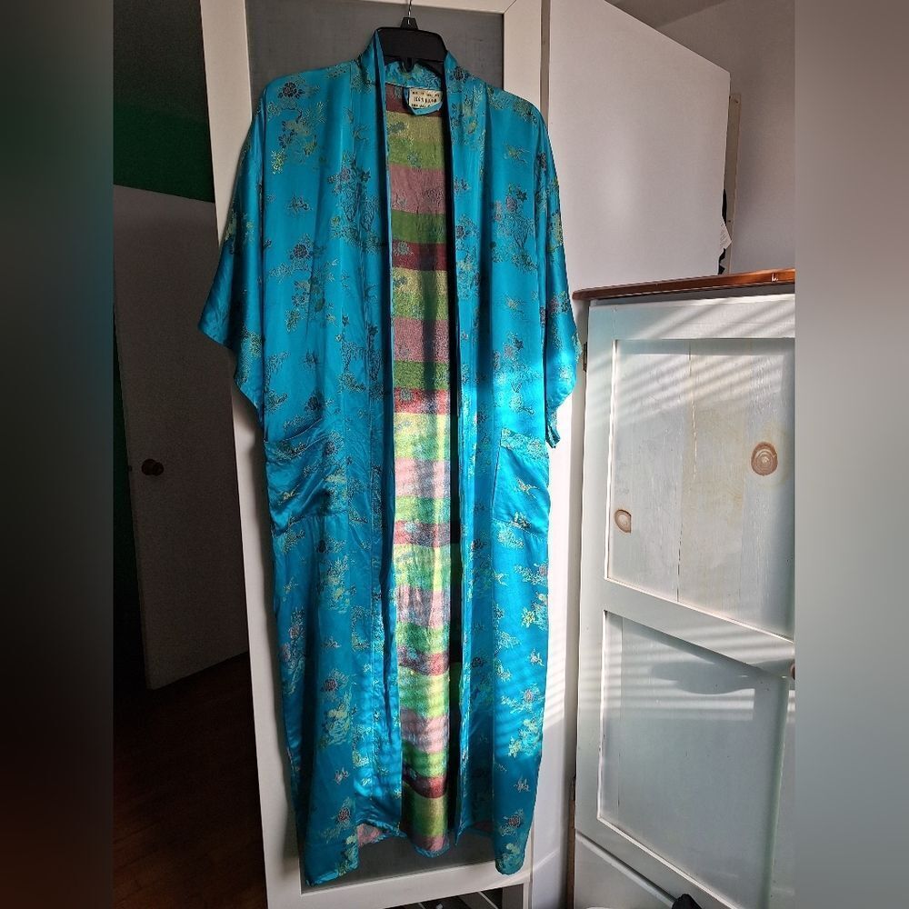 Vintage Satin Robe Floral On Aqua M/L